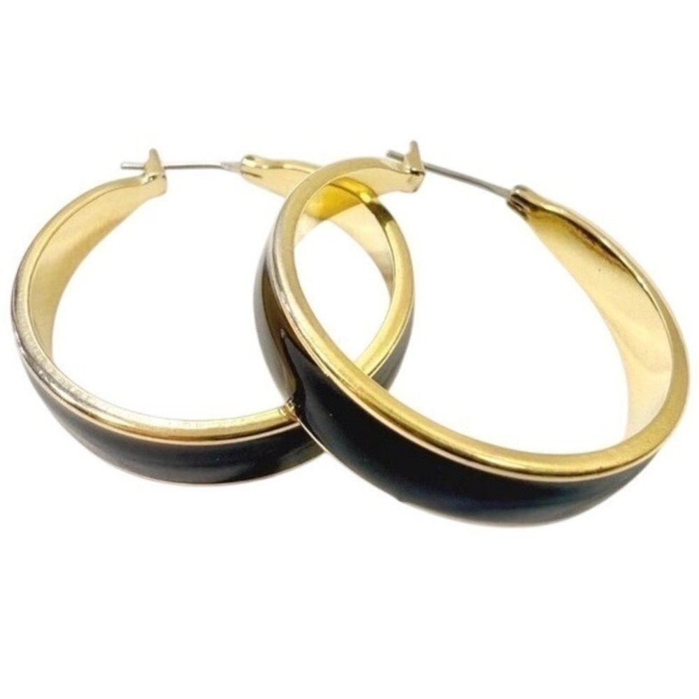 Hoop Earrings Gold Plated Black Enamel Pierced Women Jewelry